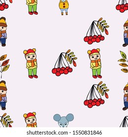 Cute children meeting autumn wearing warm clothes. Vector background