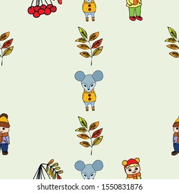 Cute children meeting autumn wearing warm clothes. Vector background