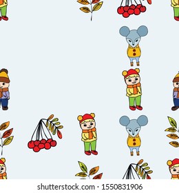 Cute children meeting autumn wearing warm clothes. Vector background