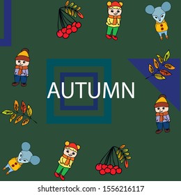 Cute children meeting autumn wearing warm clothes. Vector background.