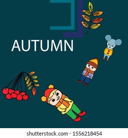 Cute children meeting autumn wearing warm clothes. Vector background.