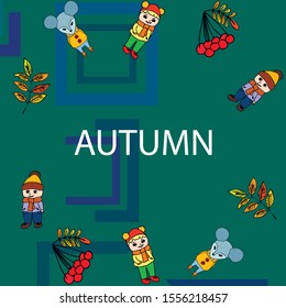 Cute children meeting autumn wearing warm clothes. Vector background.