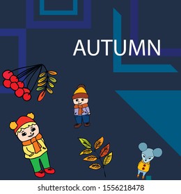 Cute children meeting autumn wearing warm clothes. Vector background.