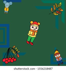 Cute children meeting autumn wearing warm clothes. Vector background.