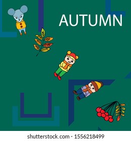Cute children meeting autumn wearing warm clothes. Vector background.