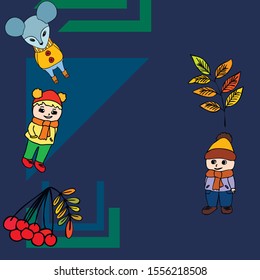 Cute children meeting autumn wearing warm clothes. Vector background.
