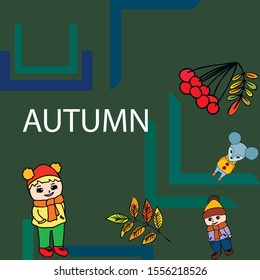Cute children meeting autumn wearing warm clothes. Vector background.