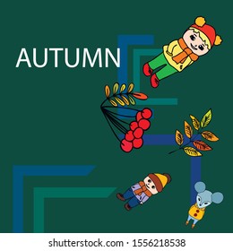 Cute children meeting autumn wearing warm clothes. Vector background.