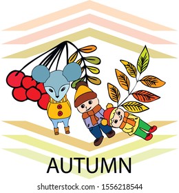 Cute children meeting autumn wearing warm clothes. Vector background.