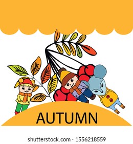 Cute children meeting autumn wearing warm clothes. Vector background.