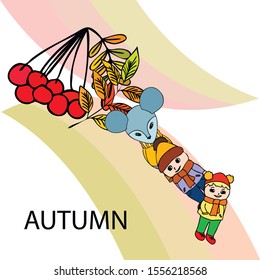 Cute children meeting autumn wearing warm clothes. Vector background.