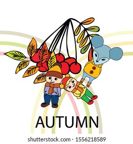 Cute children meeting autumn wearing warm clothes. Vector background.