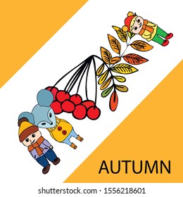 Cute children meeting autumn wearing warm clothes. Vector background.
