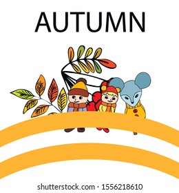 Cute children meeting autumn wearing warm clothes. Vector background.