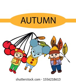 Cute children meeting autumn wearing warm clothes. Vector background.