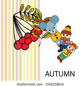 Cute children meeting autumn wearing warm clothes. Vector background.