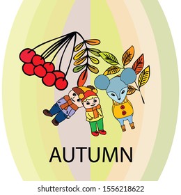 Cute children meeting autumn wearing warm clothes. Vector background.