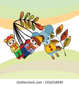 Cute children meeting autumn wearing warm clothes. Vector background.