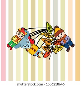 Cute children meeting autumn wearing warm clothes. Vector background.
