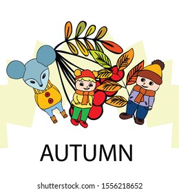 Cute children meeting autumn wearing warm clothes. Vector background.