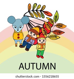 Cute children meeting autumn wearing warm clothes. Vector background.