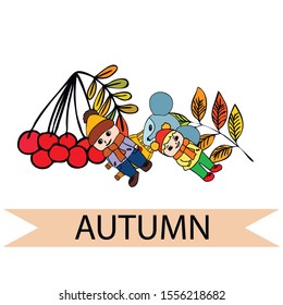Cute children meeting autumn wearing warm clothes. Vector background.