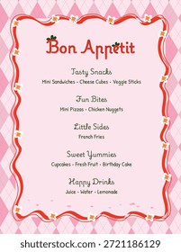 Diseño de menú infantil lindo en tonos rosados con un fondo de patrón de diamante, cintas y tipografía juguetona