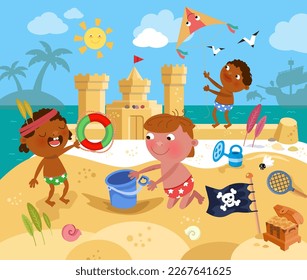 Cute children near sea. Boy flying kite on beach in summer. Cartoon character and sand castle. Vector illustration. Vector illustration. Scene for puzzles, games, books. 