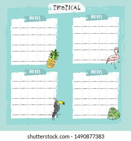 cute children notebook with cartoon hand drawn tropical animals, fruits, floral elements