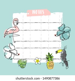 cute children notebook with cartoon hand drawn tropical animals, fruits, floral elements