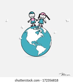 Cute children on globe. Vector illustration.