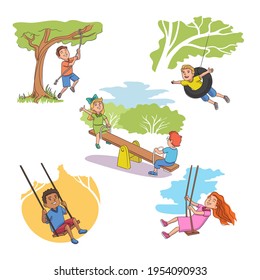 Cute Children On Swing Playground Set. Happy Friends Playing In Park In Summer Holidays. Outdoor Childhood Games Vector Illustration. Boys And Girls Riding On Swings, Tire, Rope