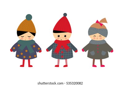 Cute children on white background. Little boy and girls in cute winter clothes vector illustration. Baby design for textile, decor, fabric. Winter holidays card.