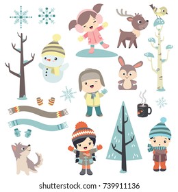 Cute children outdoors with animals and snowman in winter design set