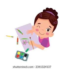 cute children painting with watercolors and colored pencils
