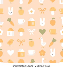 Cute children pattern with rabbit, chicken, goose, little house on beige background. Seamless texture with different simple icons. Easter illustrations in flat style.