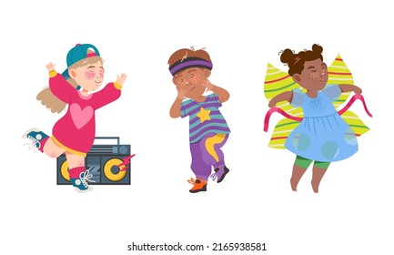 Cute children performing classical and modern dances set cartoon vector illustration