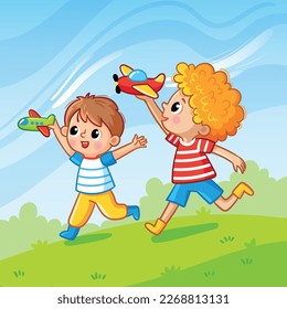 Los niños se divierten jugando aviones en el campo en verano. Ilustración vectorial con niños al estilo de las caricaturas.