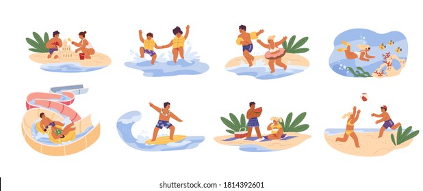 Cute children play games on summer beach. Siblings swim, dive at sea, slide at aquapark, build sand castle and surf. Scene of childhood recreation. Flat vector cartoon illustrations isolated on white