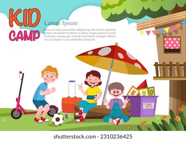 Cute children play outside. template for advertising brochures, ready for your text,  poster, background, website.Style of kids drawings.