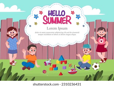 Cute children play outside. template for advertising brochures, ready for your text,  poster, background, website.Style of kids drawings.