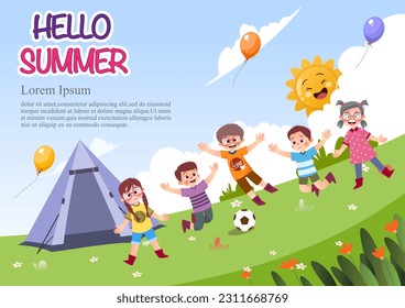 Cute children play outside. template for advertising brochures, ready for your text,  poster, background, website.Style of kids drawings.