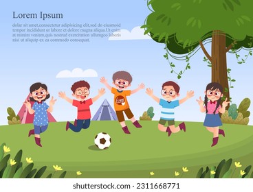 Cute children play outside. template for advertising brochures, ready for your text,  poster, background, website.Style of kids drawings.