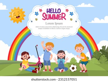 Cute children play outside. template for advertising brochures, ready for your text,  poster, background, website.Style of kids drawings.