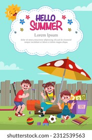 Cute children play outside. template for advertising brochures, ready for your text,  poster, background, website.Style of kids drawings.