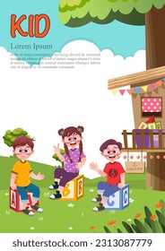 Cute children play outside. template for advertising brochures, ready for your text,  poster, background, website.Style of kids drawings.
