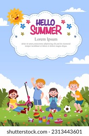 Cute children play outside. template for advertising brochures, ready for your text,  poster, background, website.Style of kids drawings.