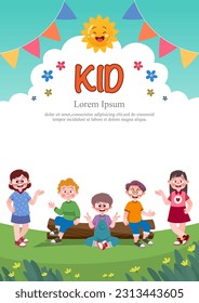 Niños guapos juegan afuera. plantilla para folletos publicitarios, listos para su texto, afiche, fondo, sitio web.Estilo de los dibujos para niños.