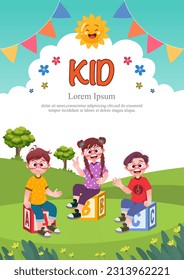 Cute children play outside. template for advertising brochures, ready for your text,  poster, background, website.Style of kids drawings.