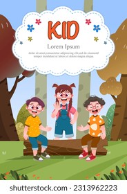 Cute children play outside. template for advertising brochures, ready for your text,  poster, background, website.Style of kids drawings.